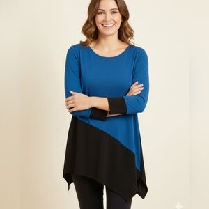 NWOT AGB Asymmetrical Black Top with Blue Accents